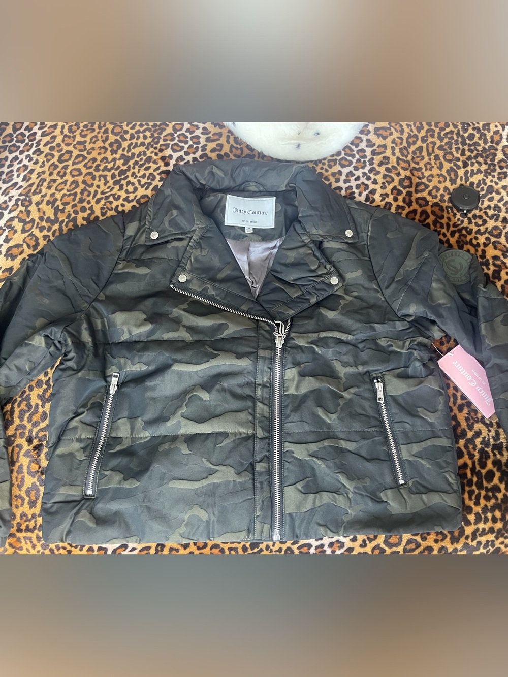 Juicy Couture Camo Puffer Moto Jacket in Black and Olive
